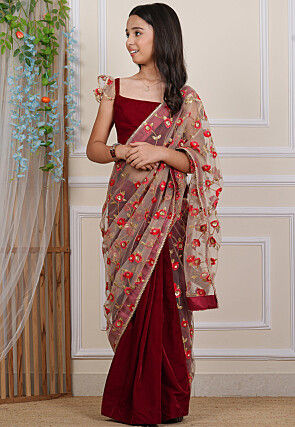 Embroidered Net Saree in Beige and Maroon
