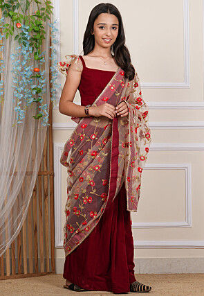 Embroidered Net Saree in Beige and Maroon