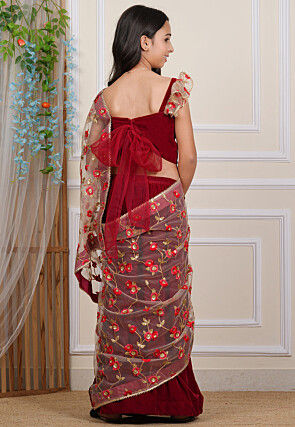 Embroidered Net Saree in Beige and Maroon
