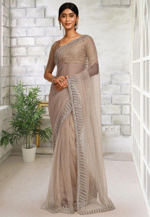 Embroidered Net Saree in Beige