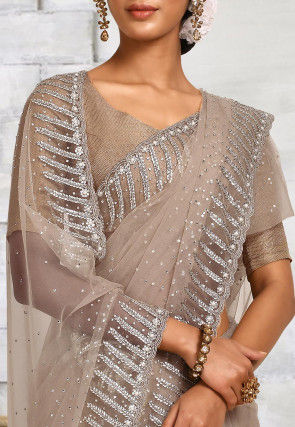 Embroidered Net Saree in Beige