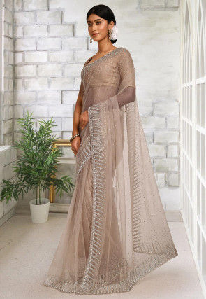 Embroidered Net Saree in Beige