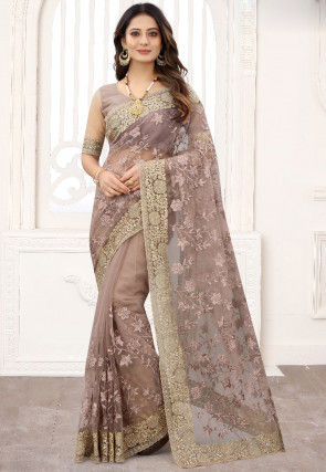Embroidered Net Saree in Beige
