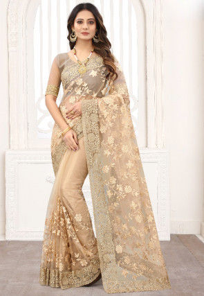 Embroidered Net Saree in Beige