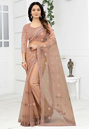 Embroidered Net Saree in Beige