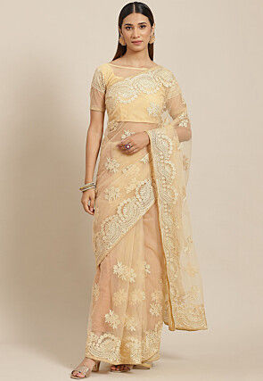 Embroidered Net Saree in Beige