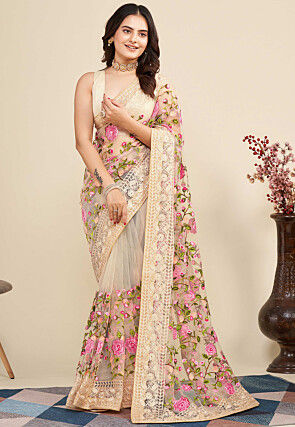 Embroidered Net  Saree in Beige