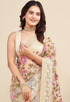 Embroidered Net  Saree in Beige