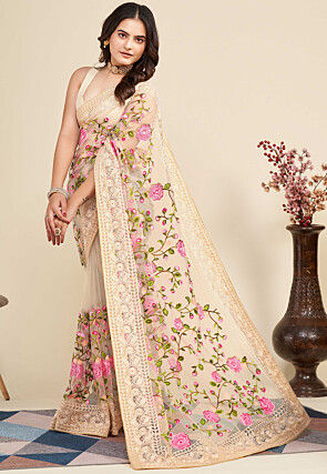 Embroidered Net  Saree in Beige