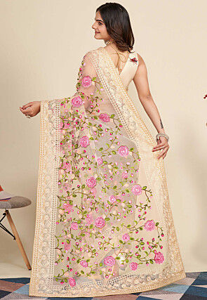 Embroidered Net  Saree in Beige