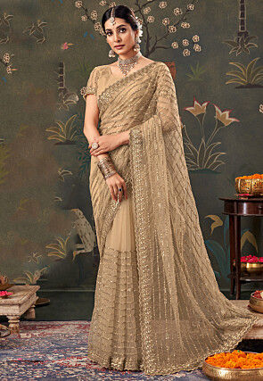 Embroidered Net Saree in Beige