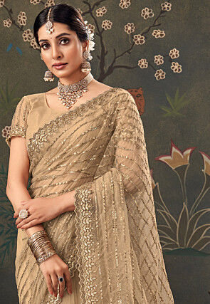 Embroidered Net Saree in Beige