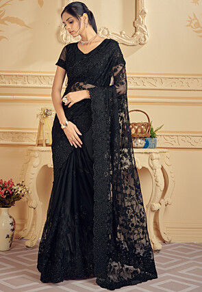 Embroidered Net Saree in Black