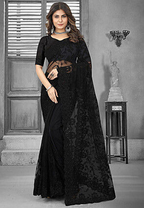 Brasso Net Black Lace Border Saree With Blouse, Black saree, Net