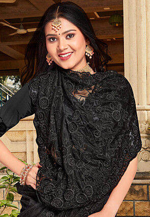 Embroidered Net Saree in Black