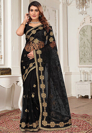 Embroidered Net Saree in Black