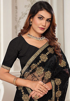 Embroidered Net Saree in Black