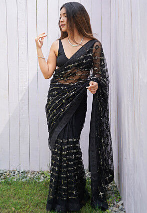 Embroidered Net Saree in Black