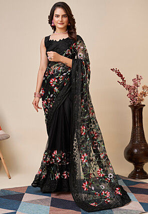 Embroidered Net Saree in Black