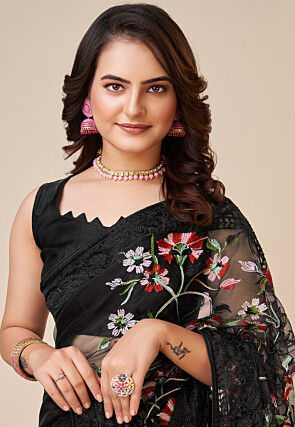 Embroidered Net Saree in Black
