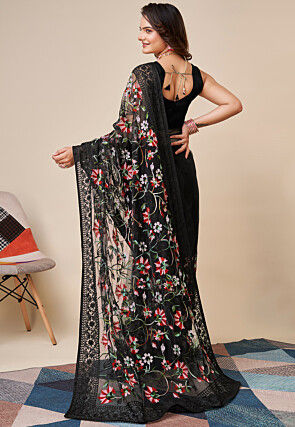 Embroidered Net Saree in Black