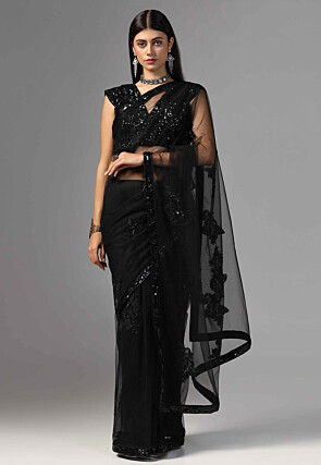 Embroidered Net Saree in Black