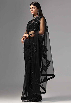 Embroidered Net Saree in Black