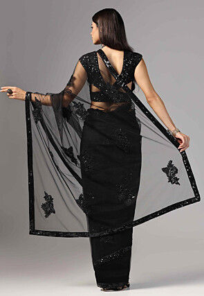 Embroidered Net Saree in Black