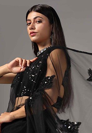 Embroidered Net Saree in Black