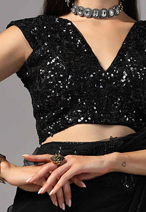 Embroidered Net Saree in Black