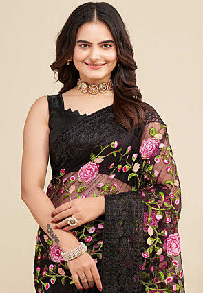 Embroidered Net  Saree in Black