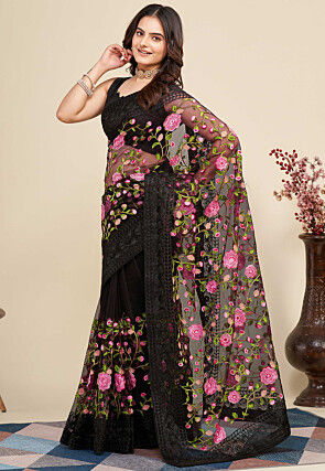 Embroidered Net  Saree in Black