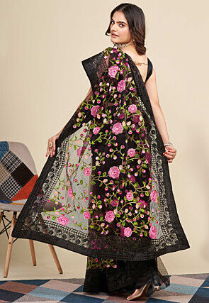 Embroidered Net  Saree in Black