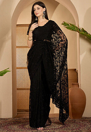 Embroidered Net Saree in Black