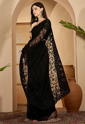 Embroidered Net Saree in Black