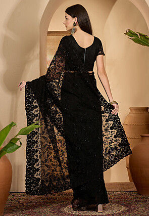 Embroidered Net Saree in Black
