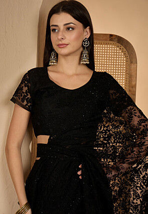 Embroidered Net Saree in Black
