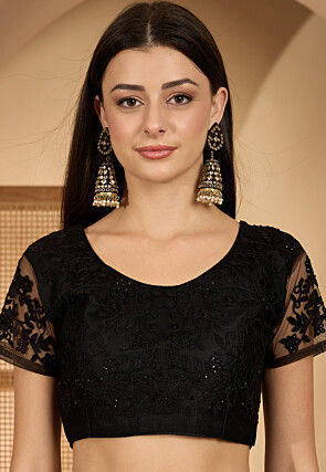 Embroidered Net Saree in Black