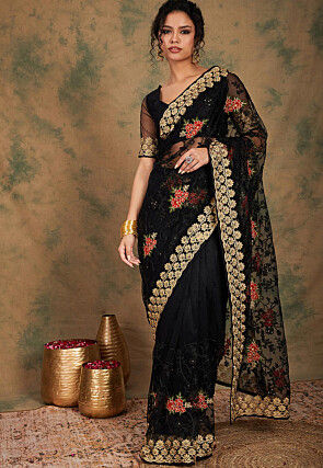 Embroidered Net Saree in Black