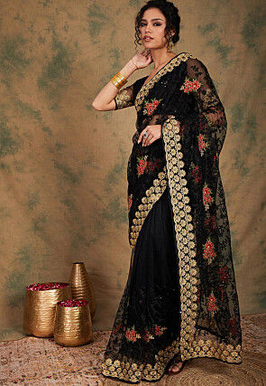 Embroidered Net Saree in Black