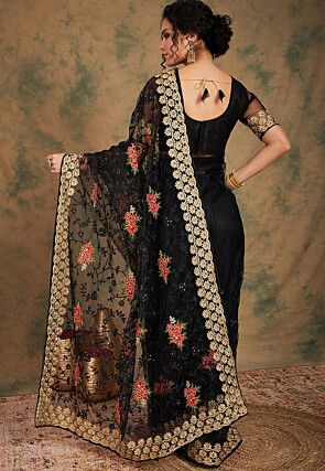 Embroidered Net Saree in Black