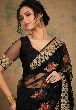 Embroidered Net Saree in Black