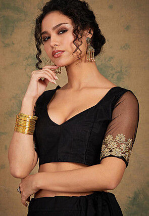 Embroidered Net Saree in Black