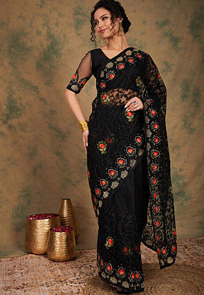 Embroidered Net Saree in Black