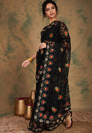 Embroidered Net Saree in Black
