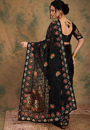 Embroidered Net Saree in Black