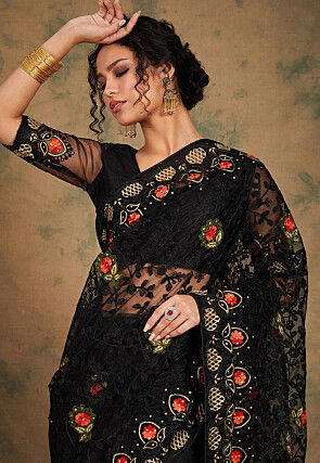 Embroidered Net Saree in Black