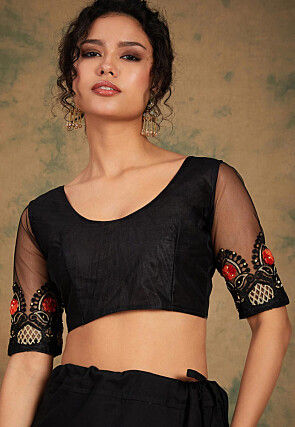 Embroidered Net Saree in Black