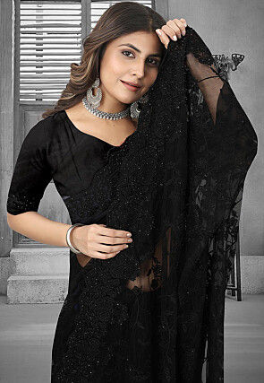 Embroidered Net Saree in Black