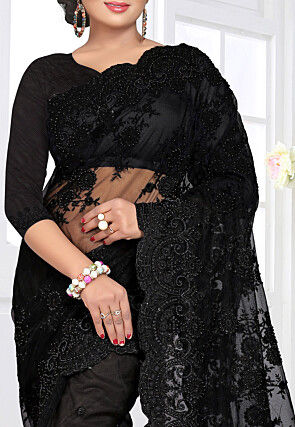 Embroidered Net Saree in Black